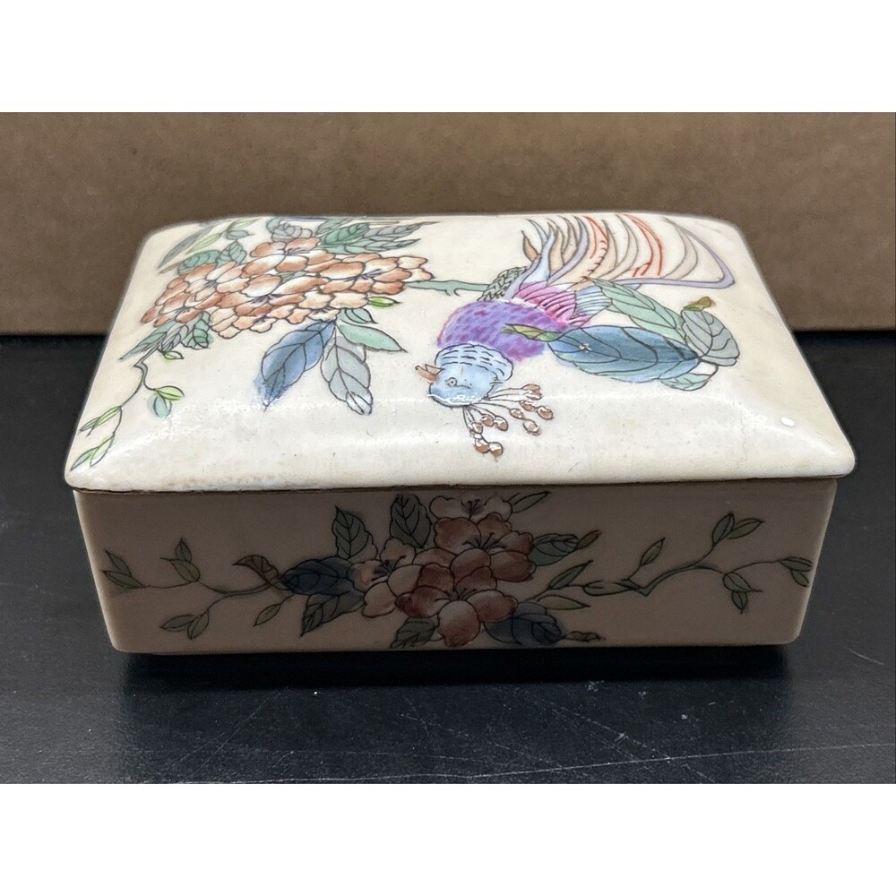 Vintage Toyo Macau Porcelain Trinket Box Phoenix Floral Jewelry Box